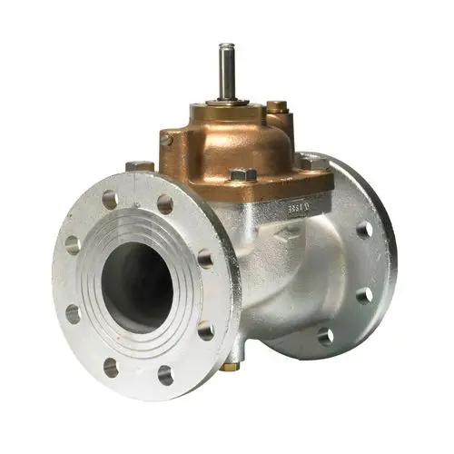 Danfoss Magnetventil mit Flanschanschlüssen und einem kompakten Gehäuse. Es zeigt eine elektrisch betriebene Öffnungs- und Schließmechanik für den Fluss von Medien.
